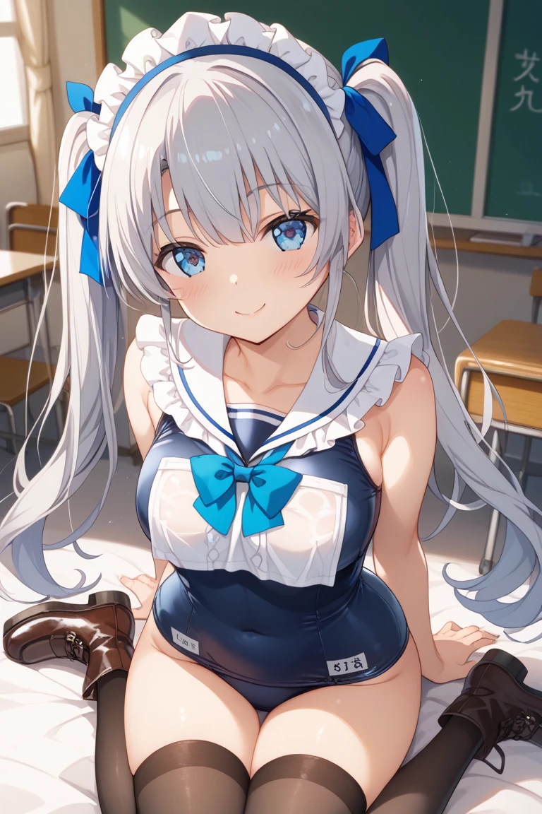 alone, One girl, View your viewers, smile, RO500, Long Hair, Hair Flower, Sunburn, One piece swimsuit, Sailor collar
