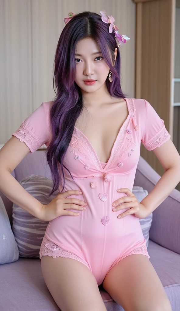 1 Girl,(Huge sagging breasts、Cleavage,))，cleveage、 apron, bow, cube Hair accessories, skirt, decorate, gloom (Express), Hair accessories, Heart, Heart hands, Long hair, Look at the other servant, 女佣 apron, 女佣 headskirt, 玛丽珍shoe, one side up, Pink Hair, Shadowed side, shoe, short skirt, Solitary, Sweat droplets, High Leg Raise, white High Leg Raise, Absolutely great opportunity,