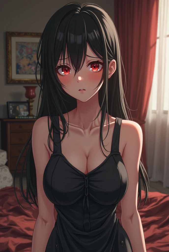  a beautiful young woman with a deceptively defined physique, a small frame and a large sized bosom. She has long black hair with several bangs that hang over her forehead and two long lengths of hair that drape either side of her face, a small dainty nose, full lips and the black sclera and red pupils anime