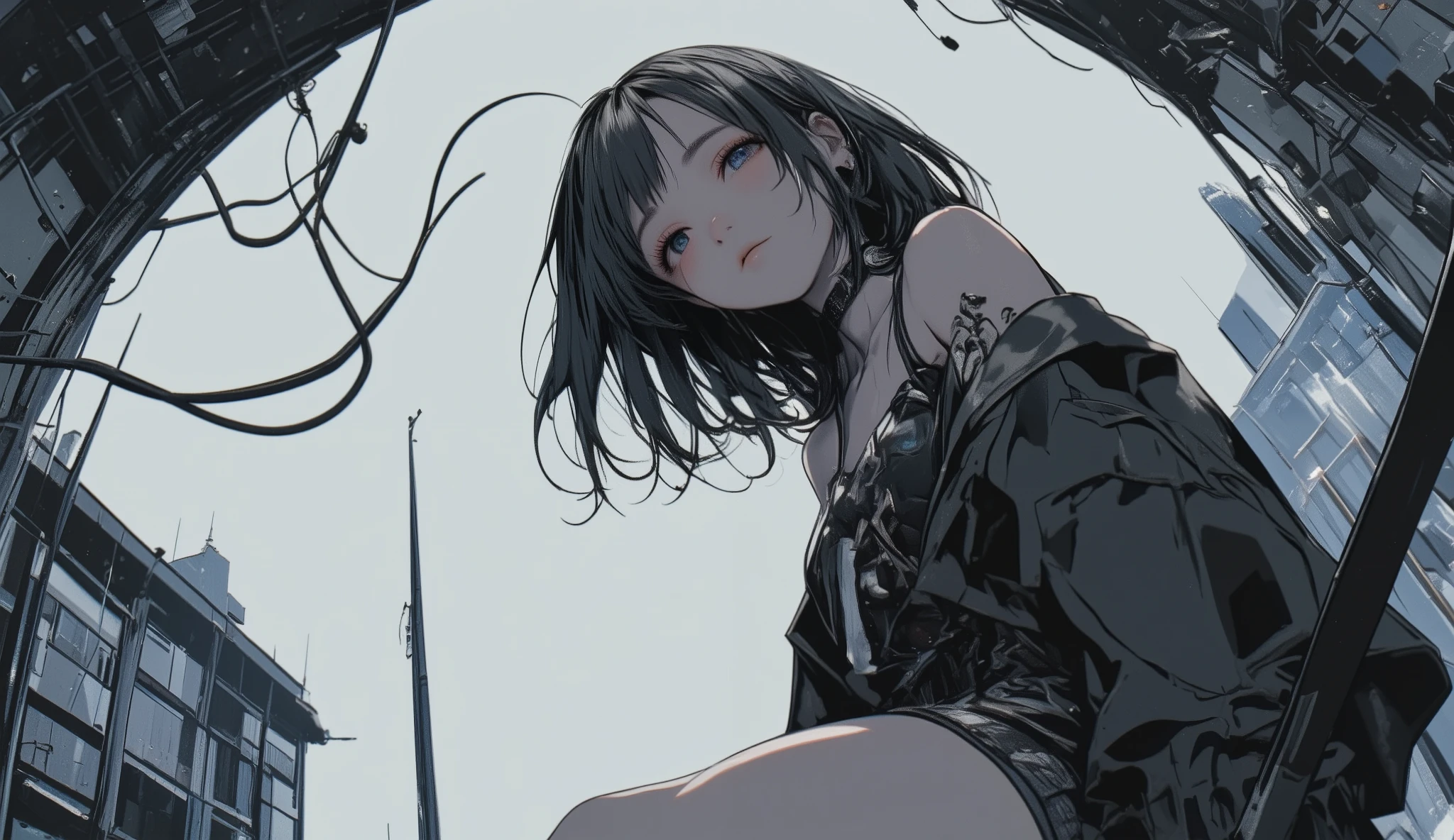 Fisheye Wide Angle , hoodie , Fisheye Wide Angle , 、The expression and outfit are 、. Shadows at your feet、 High Angle and Strong Fisheye Perspective , The background is ruins、 anatomically accurate、anime pure white skin sexy woman cute girl big boobs