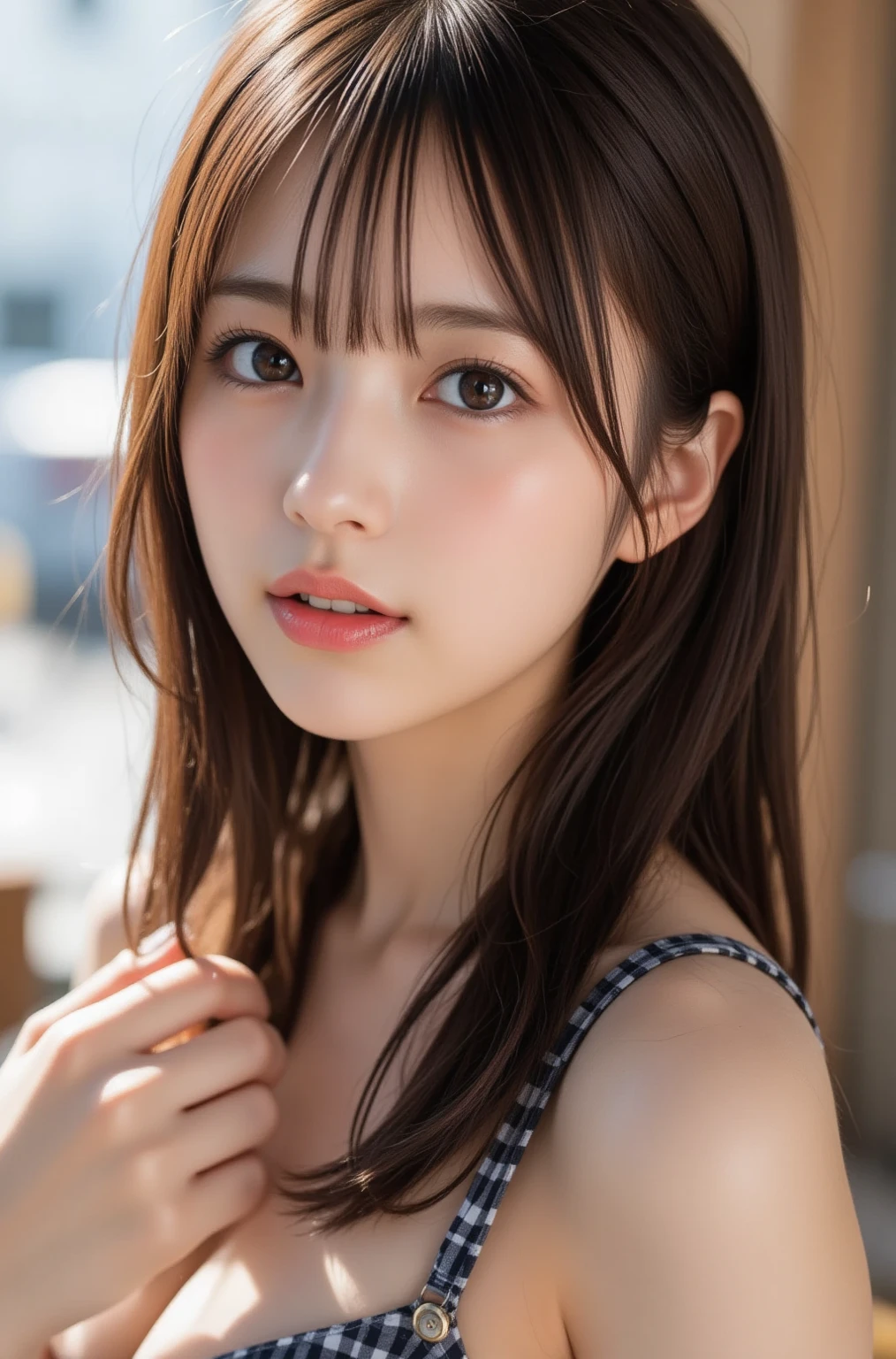 Cinematic lighting、basketball playground,depth of fields,on focus,rays of sunshine,well-composed,(Bokeh:1.2),(full body Esbian),(Keep your mouth shut),???? poses,shrinks,(Ulzzang-6500:1.2) mix4, hiqcgbody、(top-quality、Photorealsitic:1.4、RAW photography、超A high resolution:1.4、Top image quality: 1.4、depth of fields、8K)、Ultra-realistic face、high detal、the golden ratio、Cinematic、foco nítido、(((1girl in、23years old、Height 1.7m、delicated face、Detailed written faces、Beautiful Japanese model、Slender body、with brown eye、Gorgeous long brown hair、Unkempt hair、long hair flowing with the wind、Ultra-realistic face 1:4、Perfect style)))、(((petty face:1.6、Smaller chest:1.6)))、(a narrow waist:1.2)、Thin leg、long leges、Small buttocks facing up、Red basketball uniform、Protruding Buttocks、Nike basket shoes、AIR JORDAN、Natural light、bilateral symmetry、Realistic、basketball、Desportivo
