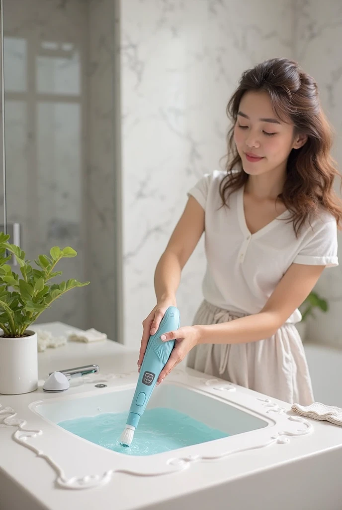 An Asian pretty teenage nurse in white nursing pants, slender, large hips, slim waist line, straight short hair, side view, cleans her thin fingers with large amount of white sloppy liquid.
