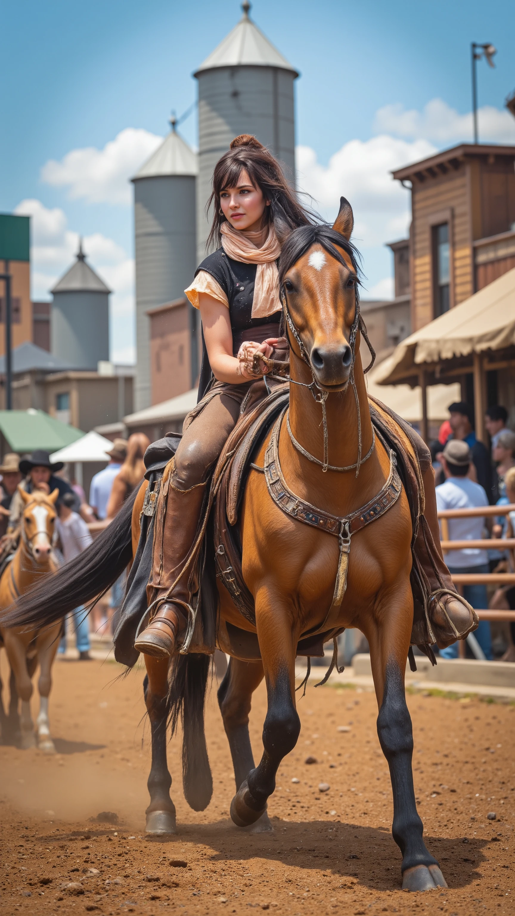 highdefinition images、at Fort Worth's Cow Chasing Festival、Cowgirl on Horses、beautiful woman、There are a lot of spectators、Townscapes that seem to appear in a Western movie