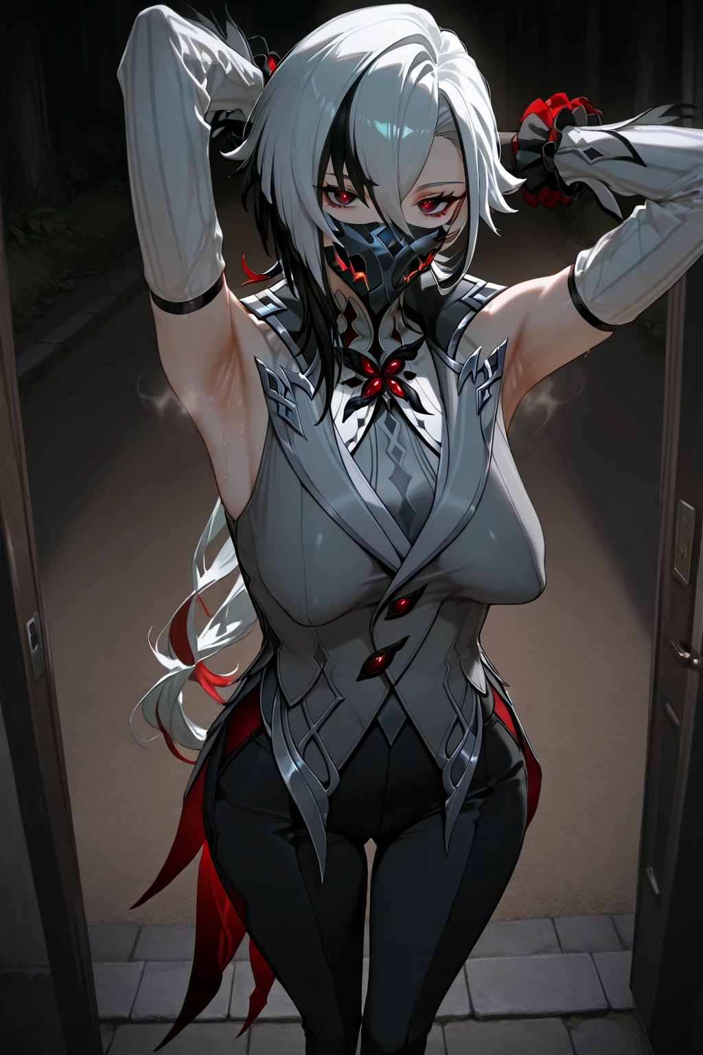 anime girl, 1girl, adult female, silver hair, geisha hairstyle ,big breasts, busty, samurai mask,face mask,ninja girl, tight swimsuit,long coat,cyberpunk