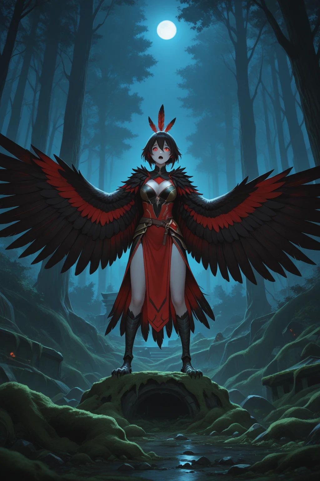 (masterpiece:1.1),(anatomically correct:1.1), beak, hands, avian bird, forest, holding, holding sickle, (red sclera:1.2), red eyes, standing, female, cloak, blackhooded cloak, (hood:1.3), arm wraps, leg wraps, nude, (red sclera:1.5), big breasts, detailed background, 8k, earrings, necklace, outdoor, romantic ambient, night,  <lora:HioshiruFullLocon:0.8>