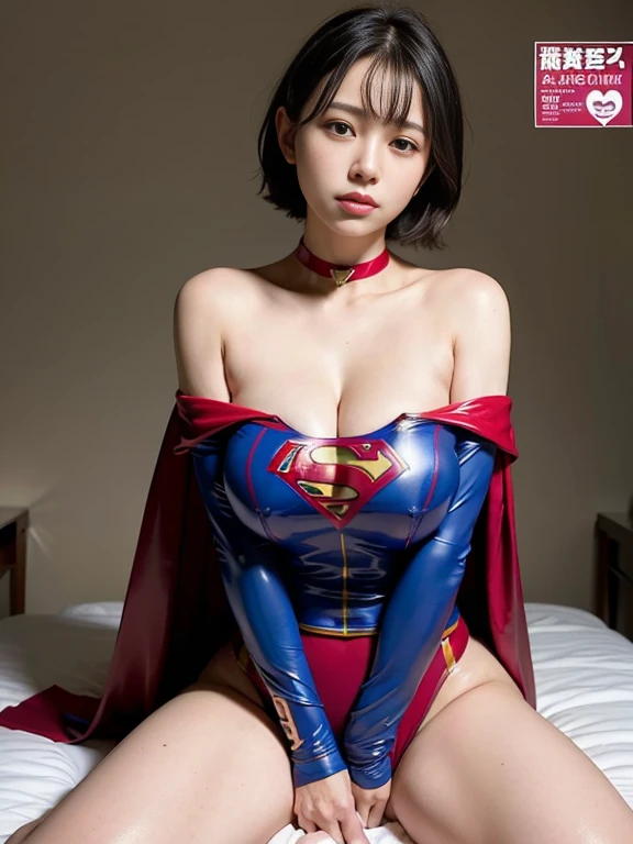 masterpiece、supergirl costume、short hair、barefoot、big and full breasts、one's home、Climax on the bed、Sexy poses to seduce、model body shape、shiny、looking at camera、choker、long sleeve、red mini skirt、Weekly magazine cover、obscene、sweaty、Radical、off shoulder、Glamorous、charm、charming、Impressive、