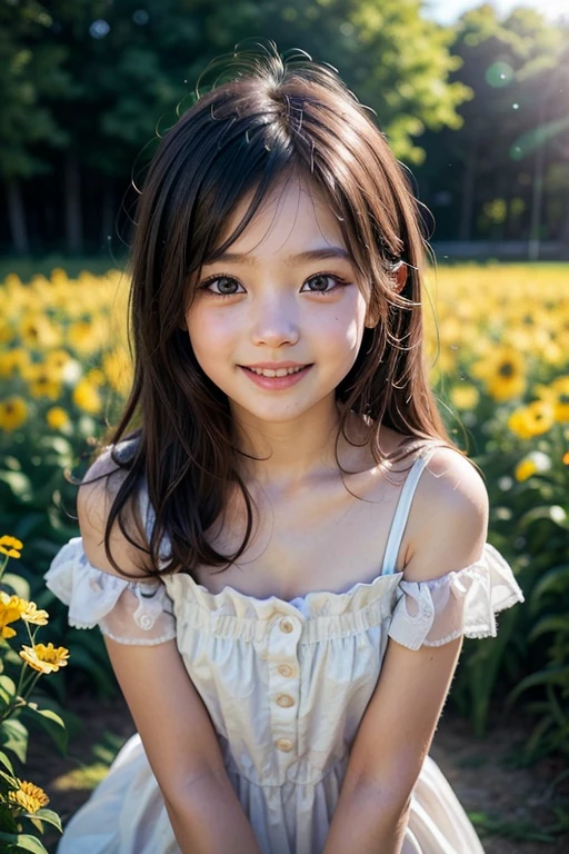 (best quality), (ultra-detailed), (llustration), (detailed light), (an extremely delicate and beautiful), 1young girl, long hair, brown eyes, (smile slightly, Innocent and cute expression), model, Enchanting, Sublime, Ethereal, fantastic, extremely detailed CG unified 8k wallpaper, High-definition raw color photos, professional photography, (Bokeh), twilight, Golden hour, Backlighting, depth of fields,