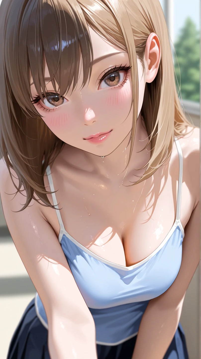 anime illustration, ((((highest quality)))), (((Ultra-precision CG 16K))), (((masterpiece))), BREAK skinny body, slender waist, medium Breasts, (((perky breasts))), ((sagging breasts)), (covered nipples), (((tanned skin, tan lines))) , BREAK ( smiling, blush, determined expression, sweaty , Heavy breathing, embarrassed, ) , (natural make), BREAK narrow eyes, (streaked hair, hair intakes, colored inner hair, ) BREAK (((wearing printed oversized clothing , wearing wide-leg-pants, breasts is covered by outfit, (detailed panty), Narrow aisles,))) , wearing earrings , BREAK ( stick breast out, bending over, all four, )) BREAK (( ripples , horizon , under the cosmic sky on the cosmic sea , cosmic effects)), (((close-up of face, bust-up shot, looking at viewer, ))), BREAK ((cinematic , from front , from below , (Distant view, Panorama), looking at viewer, )) , pinup magazine pose,