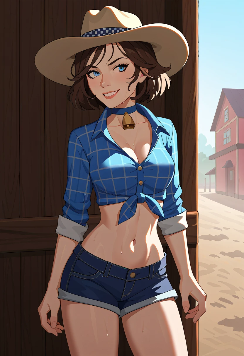 (((Masterpiece))), high detailed, high resolution, 8k, gorgeous girl ("Marion Ravenwood" + "Sarah Hyland"), smiling, nice perfect big breasts, very short pixie hair style, very voluptuous large hips