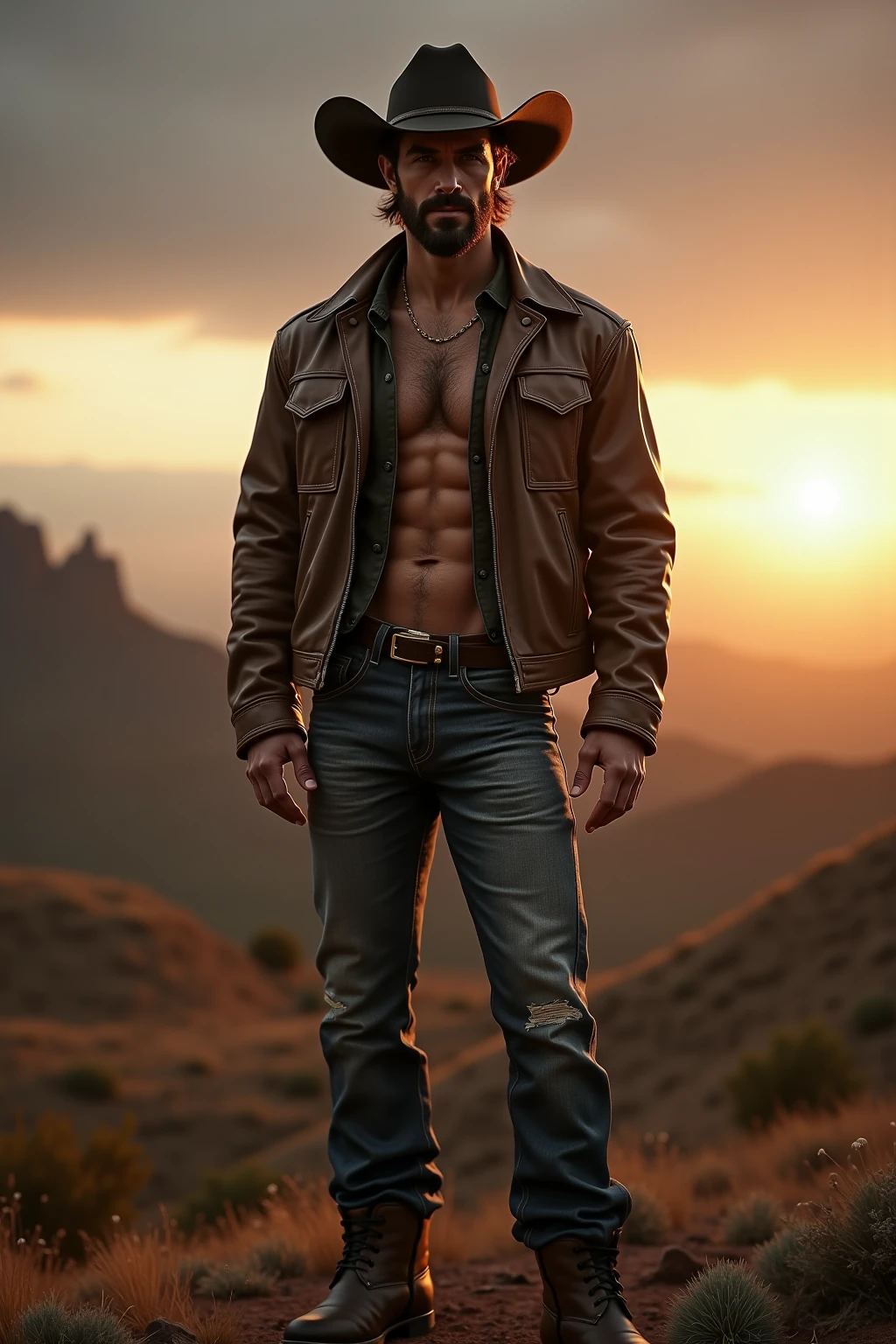 (masterpiece, best quality:1.2), cowboy shot, solo, male focus, 1boy, smile, hands in pockets, blindfold, black jacket, detailed eyes and face, dusty background, vintage boots, golden sunlight, rugged landscapes, warm color tones, chiaroscuro lighting