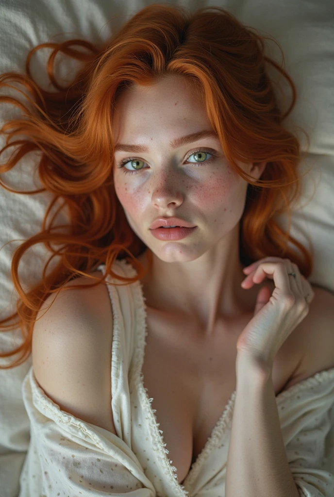 1girl in, age19, Solo, Aesthetic artwork, irish redhead, wavy ginger hair, shoulder length ginger hair, gray eyes, light grey eyes, some small freckles, pale skin, A-cup, small breasts, runners body, (textured skin, skin pores:1.1), (moles:0.8), imperfect skin, goosebumps, in a dark bedroom sitting down, relaxing, innocent, (laying down on bed:1.6), (extremely detailed 8k wallpaper), (soft lighting), high quality, film grain, Fujifilm XT3 sharp focus, f 5.6, 50mm, High Detail, Sharp focus, (boudoir light), (see through, green Sleeping Gown :1.3), pokies, nipples, PILLOWS, ((Sleep in)), Open legs, (Close eyes:1.1), crazy details, complex details, hyperdetailed