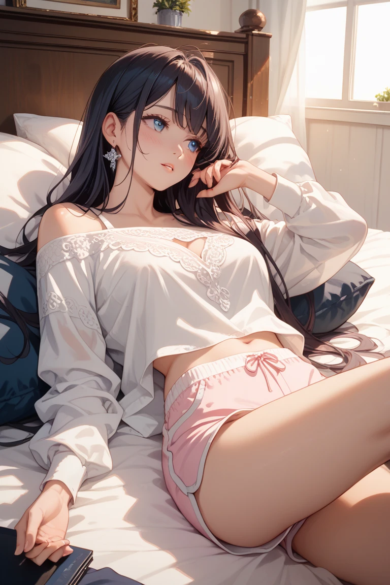 beautiful girl、Black Hair、On the bed、Panty shot、smile
