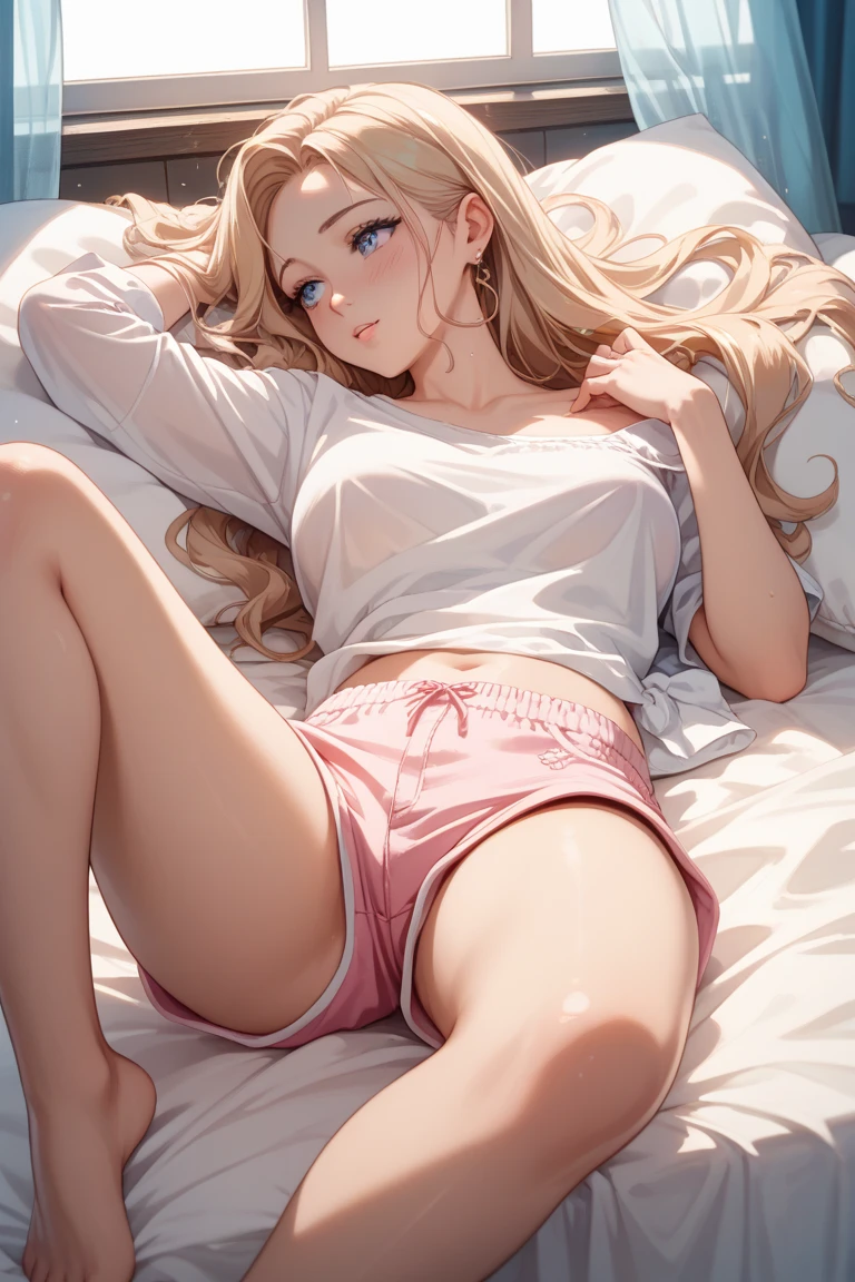 From above, from behind, lying on stomach on a bed, lifelike, high - resolution, full body, sexy skinny teenage girl, with a perfect body, 16, amazing beauty, blonde, extraordinarily attractive, wet, natural Brazilian booty in shorts, pretty feet, perfect feet, perfect toes, detailed feet