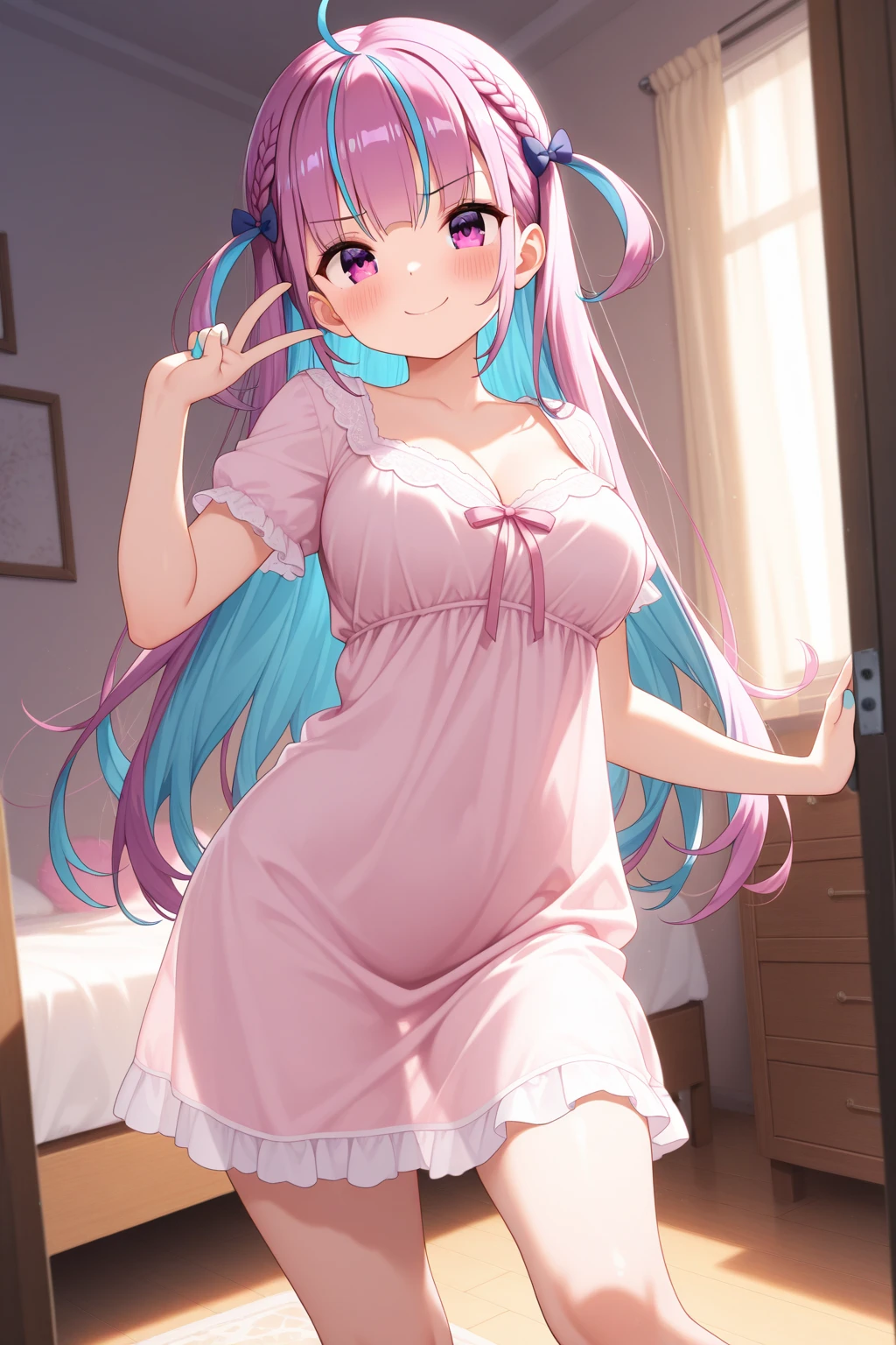 masterpiece、highest quality、Very detailed、Photograph the upper body、1 female、(Put your arms behind your back:1.4)、Are standing、Turn your body forward、View your viewers、(blue-night gown)、break,blush、shy、Pink Hair、Open your mouth、living room、night、Big Breasts、