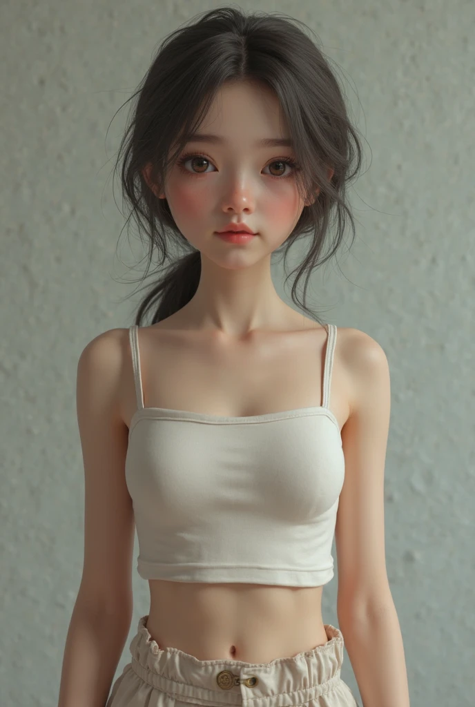 A high school girl touches her waist with hands