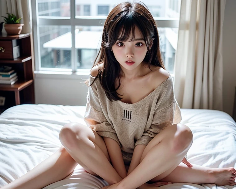 (masterpiece, best quality), (absurdres:1.3), (photorealistic:1.4), RAW photo of (20-year-old:1.5) sweet charming (Japanese idol), (ultra detailed, ultra realistic, hyper realistic, 8K, ultra highres:1.2), (dynamic pose:1.3), striking pose, bokeh, sharp focus, depth of field, long hair, (high detailed skin, detailed skin texture:1.2), BREAK 1girl, young girl, (short girl, petite body:1.4), lips, slim, detailed eyes, detailed face, <lyco:more_details:0.7>, cute idol costume, clothes, ribbon, stripes, open shirt, skirt, frilled,indoor, window, sitting on bed, dramatic lighting, 85mm F1.2 lens, by professional photographer, (knees up:1.2), BREAK barefoot