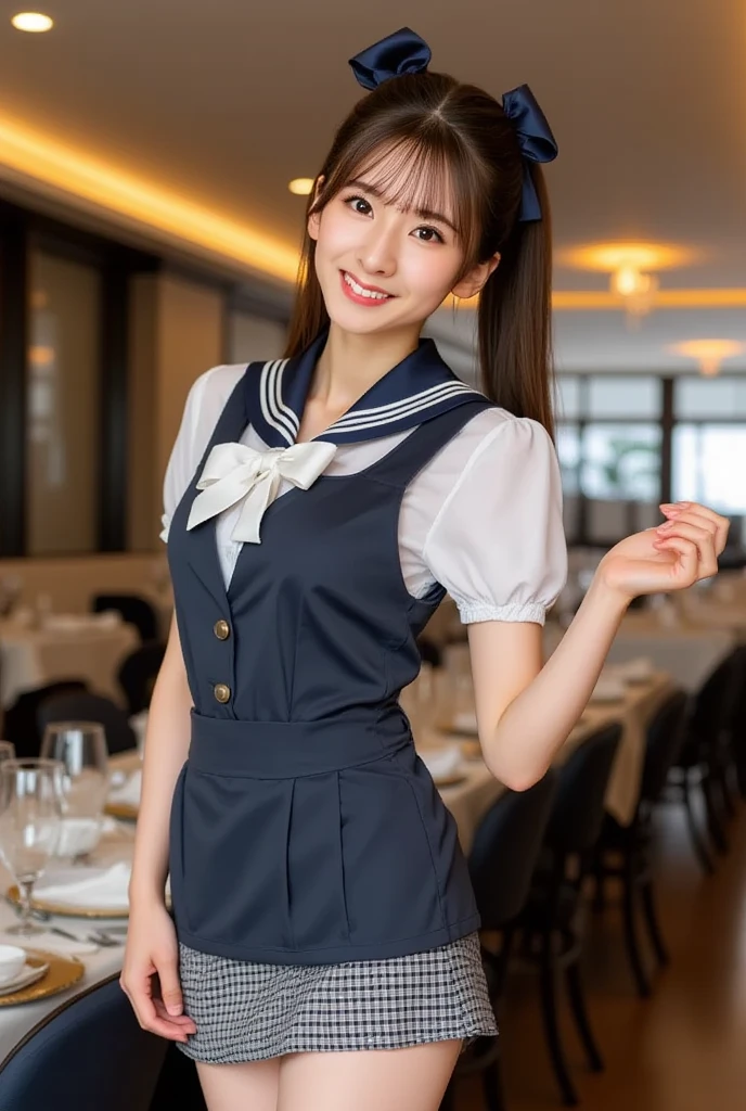 masterpiece,best quality,higher, Super sexy super cute Japanese girl、Hot, erotic and sexy lips、Big eyes、Drooping eyearilyn (;marilyn monroe face)、ASİAN,(brown race),dark skin,Dark brown, loosely wavy llong hair,1girl,NDGE、ponytail、Super big、sexual excitement、(((Japanese school girl uniform、High-end cafe、Afternoon tea)))、(((Super big)))Cute smile