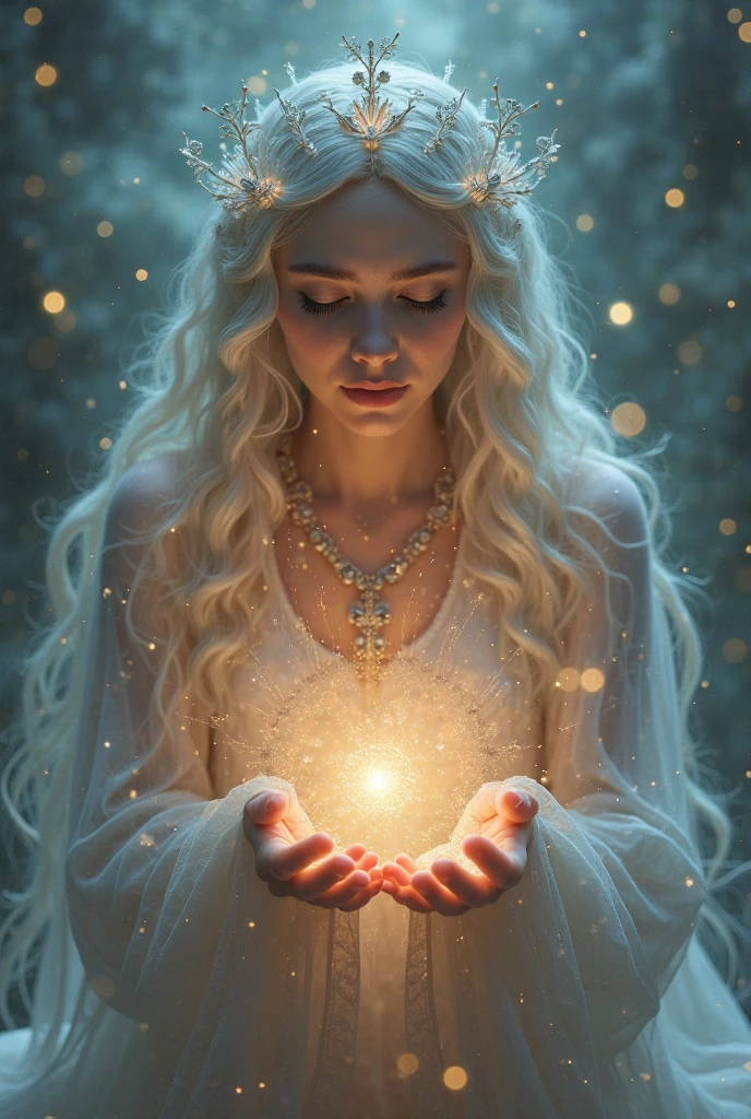 Goddess fortune teller, starry sky, holding stars, mysterious atmosphere, blonde hair