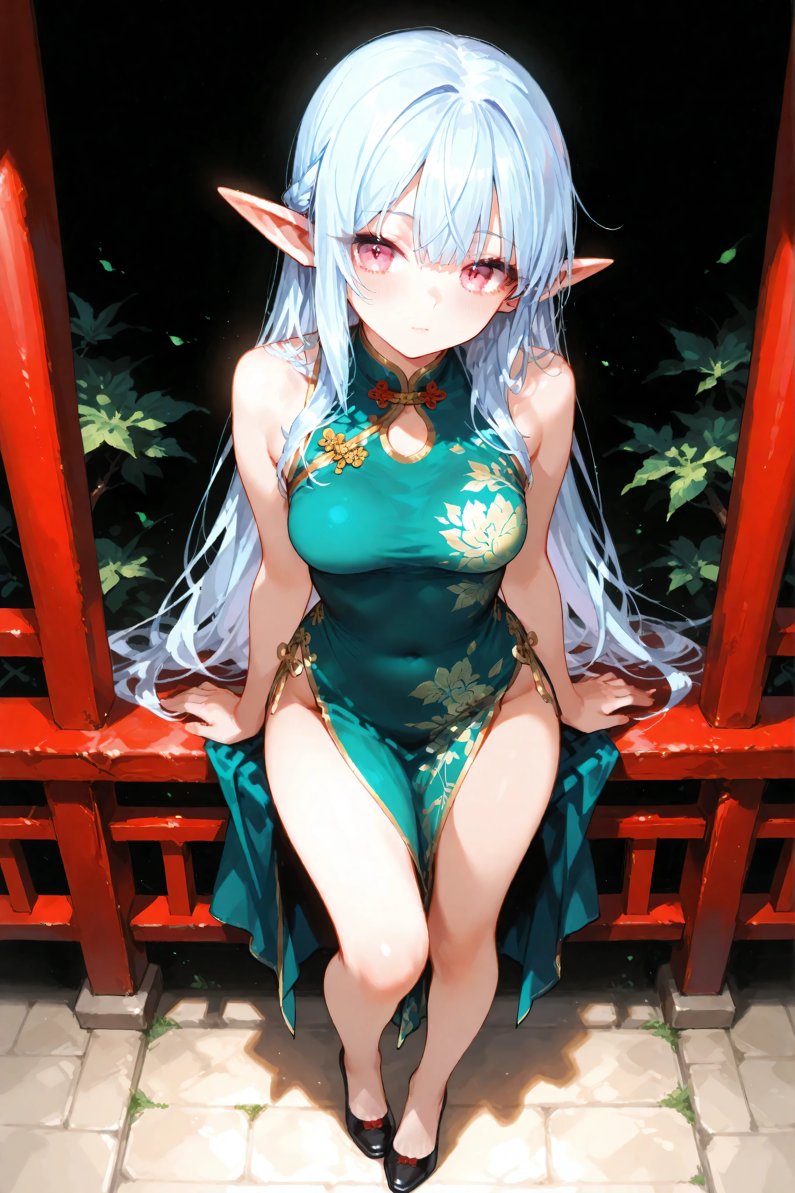 lum, 1girl, long hair, (tiny horns), tiny sharp ears, (score_9, score_8_up, score_7_up), masterpiece, best quality, absurdres, unity, 8k, wallpaper, hi res, highly detailed face, highly detailed eyes, blue eyes, (intricate details:1.4), (two-tone hair, green hair, aqua hair:1.1), teenager, chinese clothes, off shoulder, source_anime, medium breasts, outdoors, vines, flowers, garden, bellybutton, swing, sitting on swing, tree, hanging legs, blush, knees together, open mouth, half closed eyes, smiling, shiny skin, curved tail, barefoot, wet skin, closed mouth, wet hair, full body, detailed eyes, detailed face, beautiful detailed eyes, beautiful detailed lips, extremely detailed eyes and face, long eyelashes, young teenage girl, indifferent facial expression, blue eyes, barefoot, gloomy atmosphere, (best quality,4k,8k,highres,masterpiece:1.2),ultra-detailed,intricate details,cinematic lighting,moody colors,