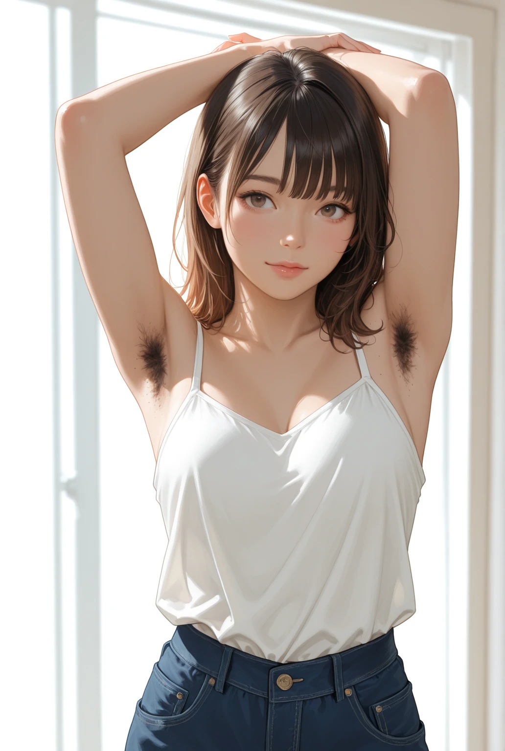 (8K, Realistic, RAW Photos, Highest quality: 1.4), Beautiful Face, (Shortcuts:1.3), Beautiful Eyes, (Real Skin), Beautiful Skin, High resolution, Tank top、Shorts、  (Please show me your armpits:1.4), (Place your hands behind your head:1.2), smile, 15 year old Japanese girl, Please show me your armpit hair, Simple Background