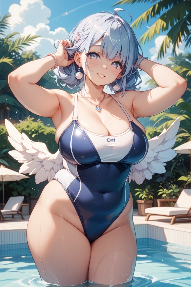 best aesthetic, Furina, 1girl, solo, breasts, looking at viewer, smile, bangs, very large breasts, really huge butt, big butt, swimsuit, cleavage, pink lipstick, kiss marks, outdoors, sky, day, bikini, cloud, tree, water, pedal, blue sky, purple bikini, pink pool float, inflatable butterfly wings, beach ball, sunglasses, palm tree, beachball, beach umbrella, ocean waves, a beautiful young woman wearing a purple bikini and, lounging on a pool float in a sparkling blue pool. She is surrounded by tropical flowers and palm trees, and the scene is set against a backdrop of a bright blue sky with fluffy white clouds. The woman's pose is sexy and seductive as she floats in the pool, enjoying the sunshine. The colorful flowers, pool float, and her bold purple bikini all contribute to the fun, summery vibe. The overall atmosphere is cheerful and lighthearted, capturing the essence of a perfect poolside day.
