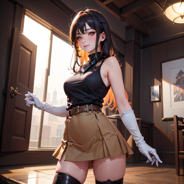 一个有着cat ears的女孩穿着black tights,8k highly detailed, casual games, , 3D art style, Full body image,White background,big eyes,black hair,cute,Playing cards in hand,solid color background,long hair,Smile,slim,White skin,purple eyes,plump big breasts,black tights,The zipper of the garment is unzipped，cat ears