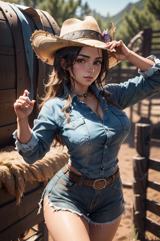 Generate a stunning brunette influencer with long dark brown wavy hair and expressive dark brown eyes. She has model measurements accentuated by her small bust. She has a sun-kissed tan. Standing at a ranch in Texas, wearing an awesome sexy cowgirl outfit