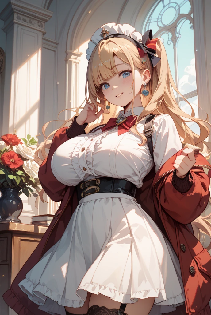 1 female, teenage girl, red long sleeve dress, blonde long hair, rosa cheeks, gothic home, playing a dolls, happy sad face, huge breast, hand, cap, jacket