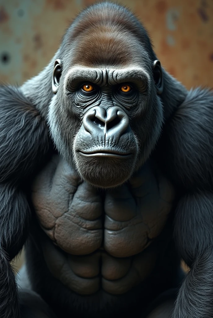 Angry, hairy gorilla beating his chest with his fist 