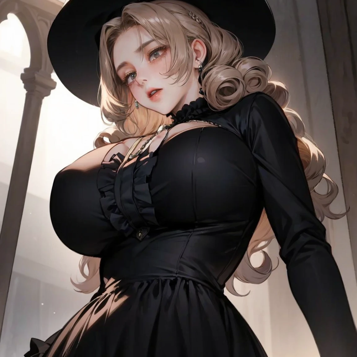 animetoreal, masterpiece, best quality, very aesthetic, absurdres, 1girl, mature_lady,,touhou, kirisame_marisa, blonde_hair, eyelashes, hair_between_eyes, hair_bow, long_hair, sidelocks, single_braid, very_long_hair, yellow_eyes, black_hat, hat, hat_bow, witch_hat,,in a palace,floating_hair