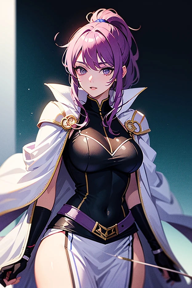 1girl, solo, ((dark skin)), purple hair, bangs, hair over one eye, medium short hair, medium breasts, pointy ears, sharp eyes, gold eyes, serious face, leotard, navel line, ((highleg leotard)), coat, Bow and arrow, face close up,