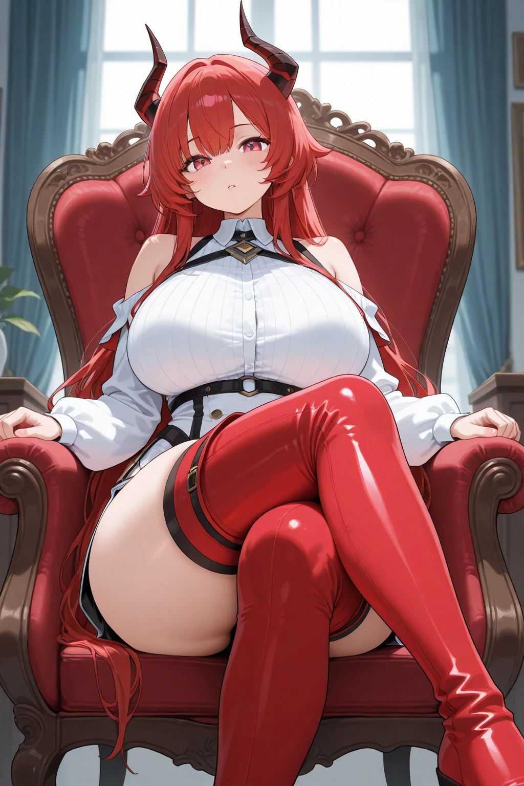Happy woman, with wolf ears and red hair, holding her cheeks, wolf tail, wearing a latex dress, looking at veiwer, full body, you can see her chest, naked breasts