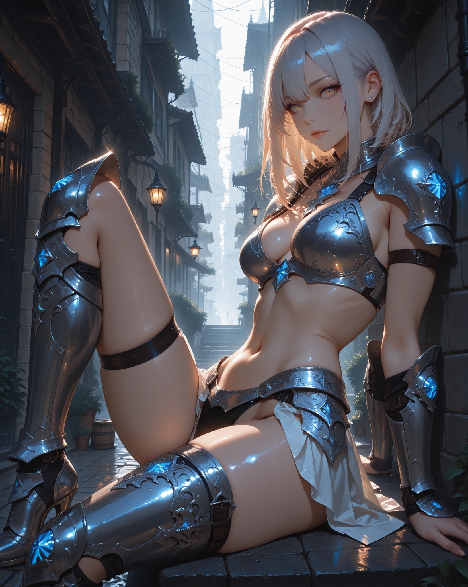 crouching down、puddle、Wet、Opening leg-shaped legs、opens legs、Lace panties(8K、top-quality:1.2)、(masuter piece:1.37)、(a picture、Photorealsitic:1.37)、(超A high resolution)、full body Esbian、shot from front、Female Paladin Wearing Full Body、(Light silver armor:1.2)、(Armor with ornate decoration)、(A highly detailed、bloom:1.5)、(top-quality、Alessandro Casagrande、by Greg Rutkowsky、by Sally Mann、concept-art、4K)、(analogue:1.2)、(High clarity) )、(Detailed pupils:1.1)、detailed faces and eyes、​masterpiece、top-quality、(extremely detailed photo:1.1)、(long Brond Hair、Short ponytail、Trance:1.1)、(infp young woman:1.1)、sharp、(Perfect body:1.1)、realisitic、real shadow、3D、(a temple background:1.2)、(By Michelangelo)、Shot with Canan EOS R6、135 mm、1/1/2.8、ISO 400