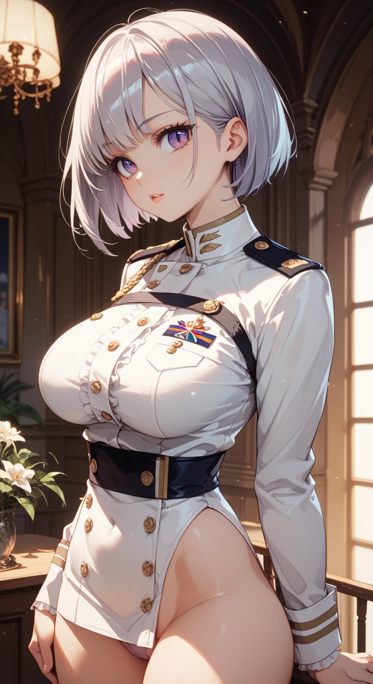 Best image quality, 4k, masterpiece, female, short silver white hair with long braids, beautiful mature bimbo milf, light brown hair, light blue eyes, sharp eyes looking at the camera, face focus, delicate facial features, white uniform, white gloves hat, arms holding flowers (bouquet), artistic lighting, portraiture, face magnification, [elegant demeanor, dignified atmosphere and excellent posture that catches the eye + beautiful face + portrait painting effect] (large breasts:1.5) (beautiful detailed eyes) (smile:1.2) (closed mouth) sharp focus, depth of field, good composition, stockings, toned body, athletic, wide hips, thin waist, toned arms, exposed abdomen, view from behind