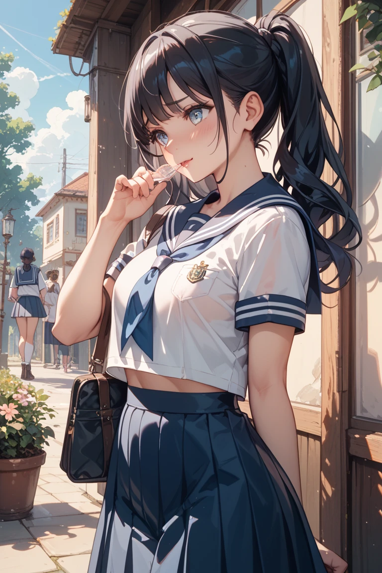 (masterpiece、top quality、In 8K、32K、masterpiece、nffsw、Ultra A high resolution、impressionism、realistic:1.2)、cowboy shot、sharp focus、detailed face and eyes、beautiful face、blurry background、blue open sky、glowing skin、sharp eyes、realistic pupils、beautiful face、blurry background、18 year old beautiful girl、glowing skin、Short hair、ponytail、black and beautiful hair、red eyes、(sailor suit、dark blue pleated skirt、running:1.3)、(skirt roll up、White panties stand out:1.2)、thighs thighs thighs thighs、curve、dynamic pose、powerful configuration、I have a sports bag、troubled face、I&#39;m in a hurry、glaring eyes、sweating