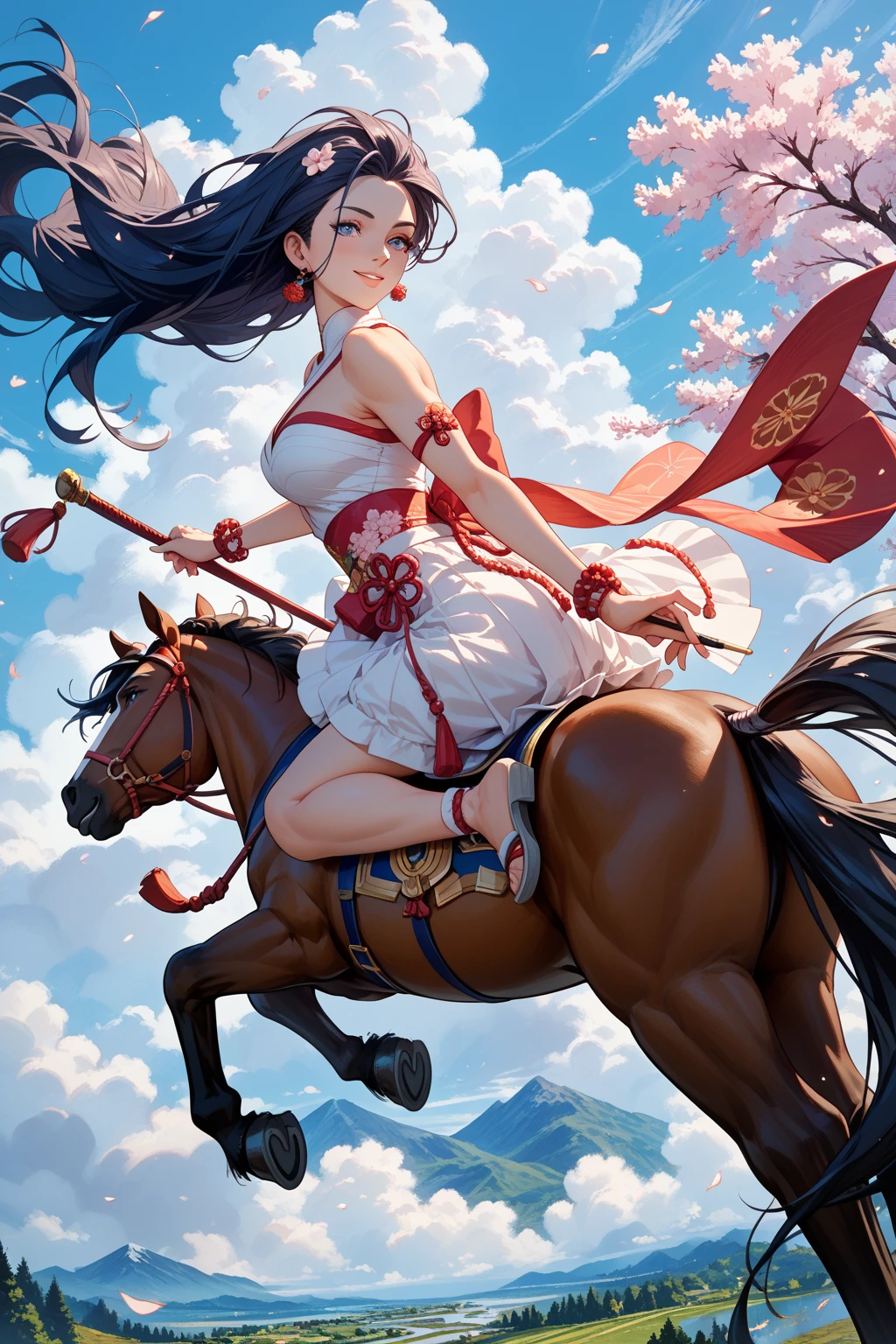 Riding Girl Black Hair Mountain Running on a Horse