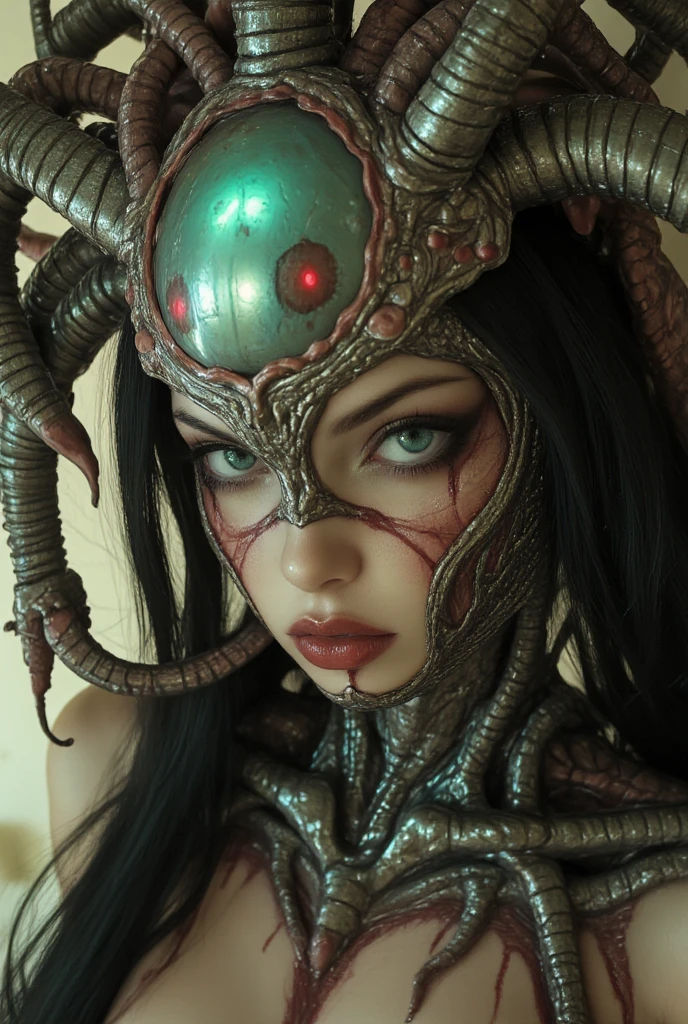 sensual gamer girl wearing intricate living clothes made of spiders with eyes, she has huge round breasts and (full lips:0.7), high quality photography, cinematic lighting, hyper realistic, bokeh