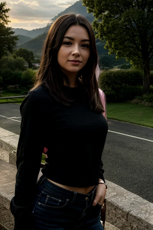 realistic plan of a brunette woman ( between 1 meter 65 and 1 meter 70 ) dans un parc très réaliste beaucoup de soleil des enfants qui jouent a la balle se situe derrière elle , son visage est très réaliste le ciel parait pollué mais découvert