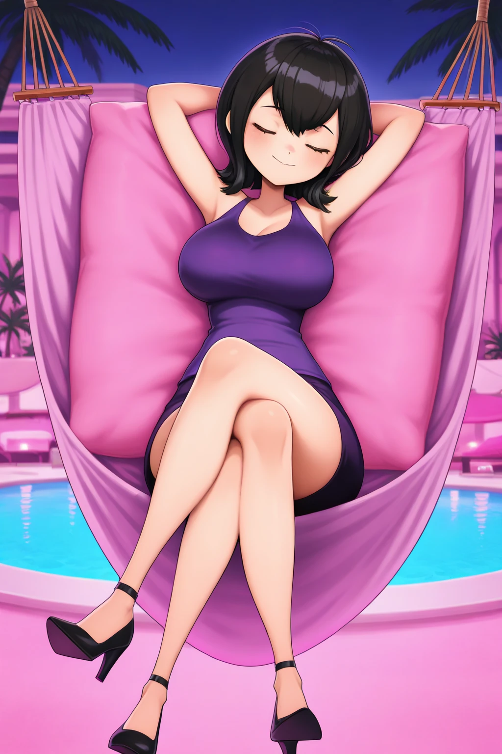 [riley_fairfeather], [uploaded to e621.net; (napalm_express), (pudgeruffian)], ((masterpiece)), ((HD)), ((detailed shading)), ((beautiful solo portrait)), ((full body)), ((feet visible)), ((anime girl)), ((beautiful render art)), {(attractive); dark-skinned female, cute purple eyes, (half-closed eyes), short hair, (two-toned hair), (gradient hair), (gorgeous hips), (beautiful legs), (smug smirk)}, {(black leotard), (ear piercings)}, {(on bed), (laying on back), (legs spread open), (hand on breasts), (hand over crotch), (covering crotch), (looking at viewer)}, [background; (bedroom), (daytime), (window), (dark room)]