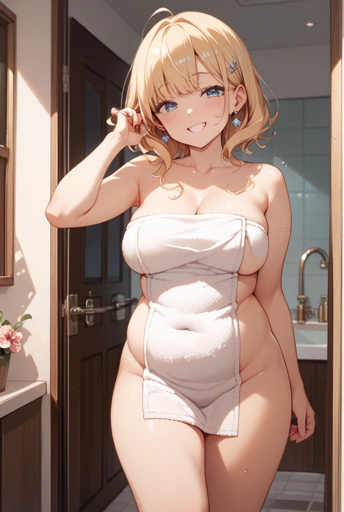 1 fille, très longs cheveux blonds, Released hair, longs cheveux tombants, petit ventre, bikini bleu clair, souriante, salle de bain