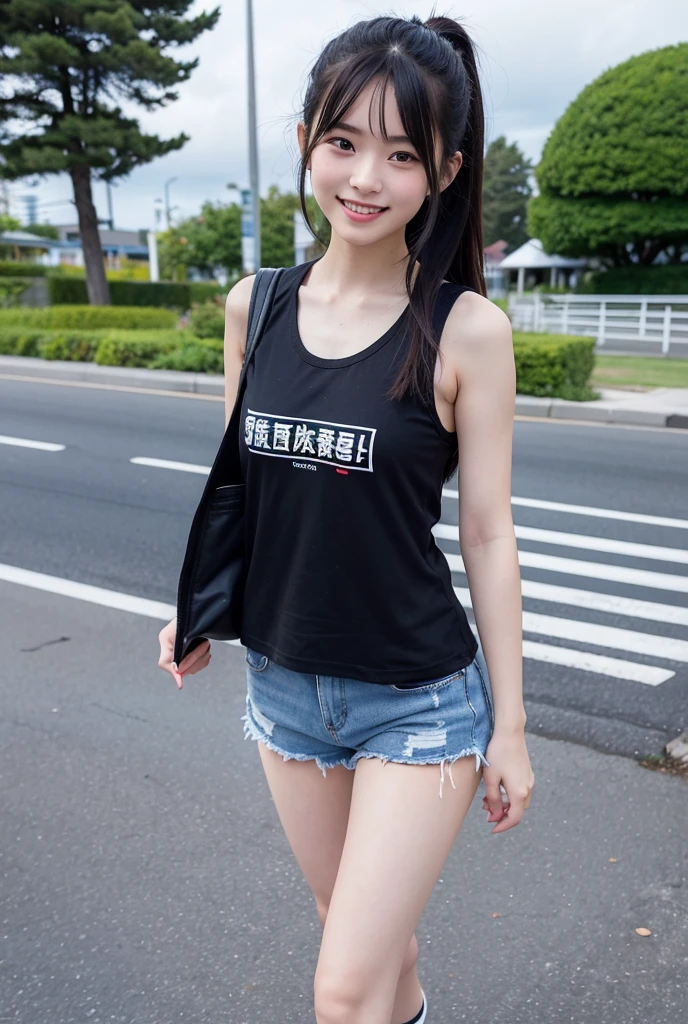 (( detail face )) ((realistic)) ((perfect face)) A girl. Black short hair. Sprot outfit. short top . running along park . Sweat. sport shoes .