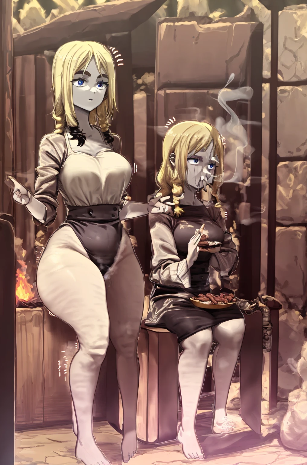 a woman in a bikini on the floor of her home with no clothes on, two women with black and white art in the background one woman has her hand up, bathing suit standing at the kitchen counter, a female character dressed in a robot suit with no panties, a girl is shown wearing a cape and stockings with horns on her head and wearing lewd underwear