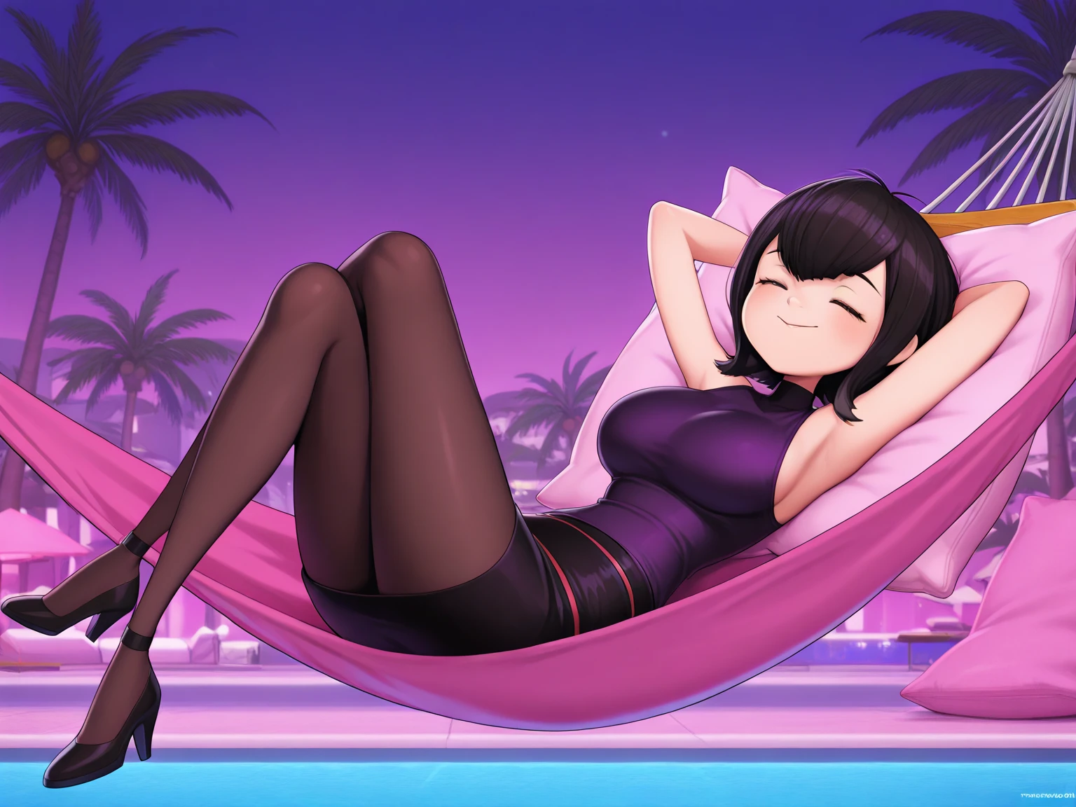 She is a light orange with dark orange fins. She has black hair in a beehive shape with a purple headband. She wears dark mint sunglasses with mint lenses, a purple bikini, and black shoes. SPARKLE; GLITTER