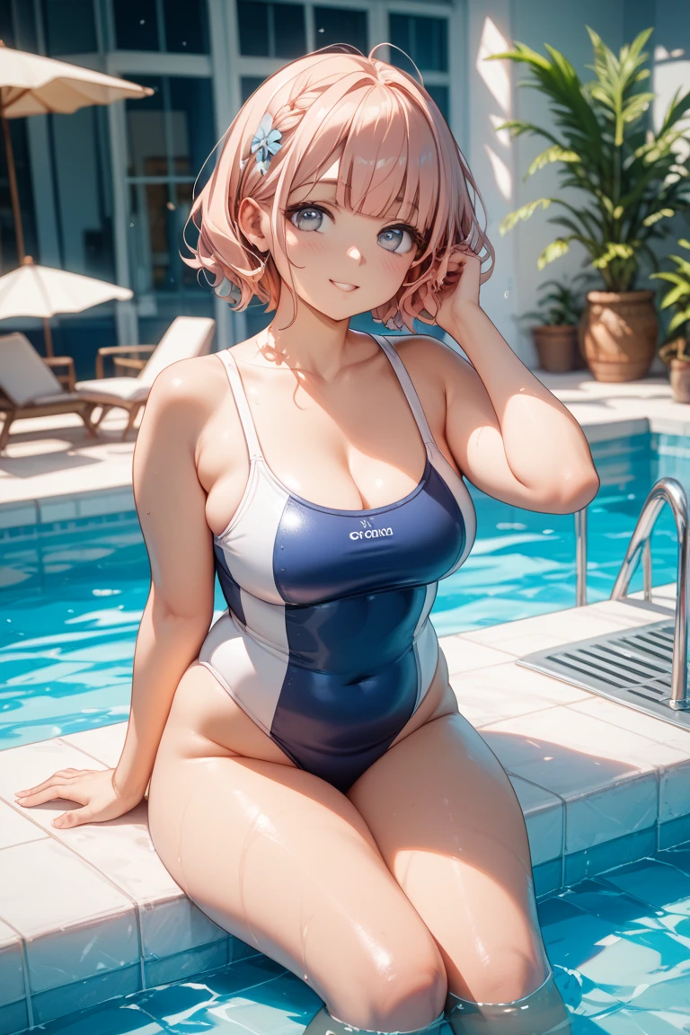 (School Swimsuit),, break, skinny, 4 defined fingers, 1 defined thumb, looking at viewer, solo, 1 woman, 25 years old, AI generated, highest quality, masterpiece, skindentation, perfect face, 8k , cowboy shot, (short hair), (pink hair:1.5), bob cut, black eye, smile, thin thighs, medium breasts, perfect limbs, sexy, (visible nipples:0.9), (camel toe:0.3), (arms at sides), (bright seaside), metallic costume, facing straight at viewer, Alone, Lying, Knee Up,
