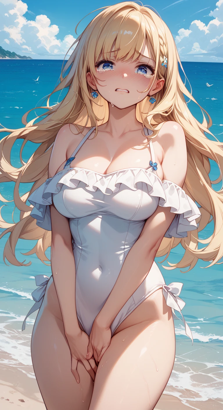 High resolution、Girl、Blonde、Long Hair,Straight Hair、Fox Ears、blue eyes、Slender、Large Breasts、Ocean,Swimwear,Ocean軍,On board,summer,７moon,Sweat,blue sky