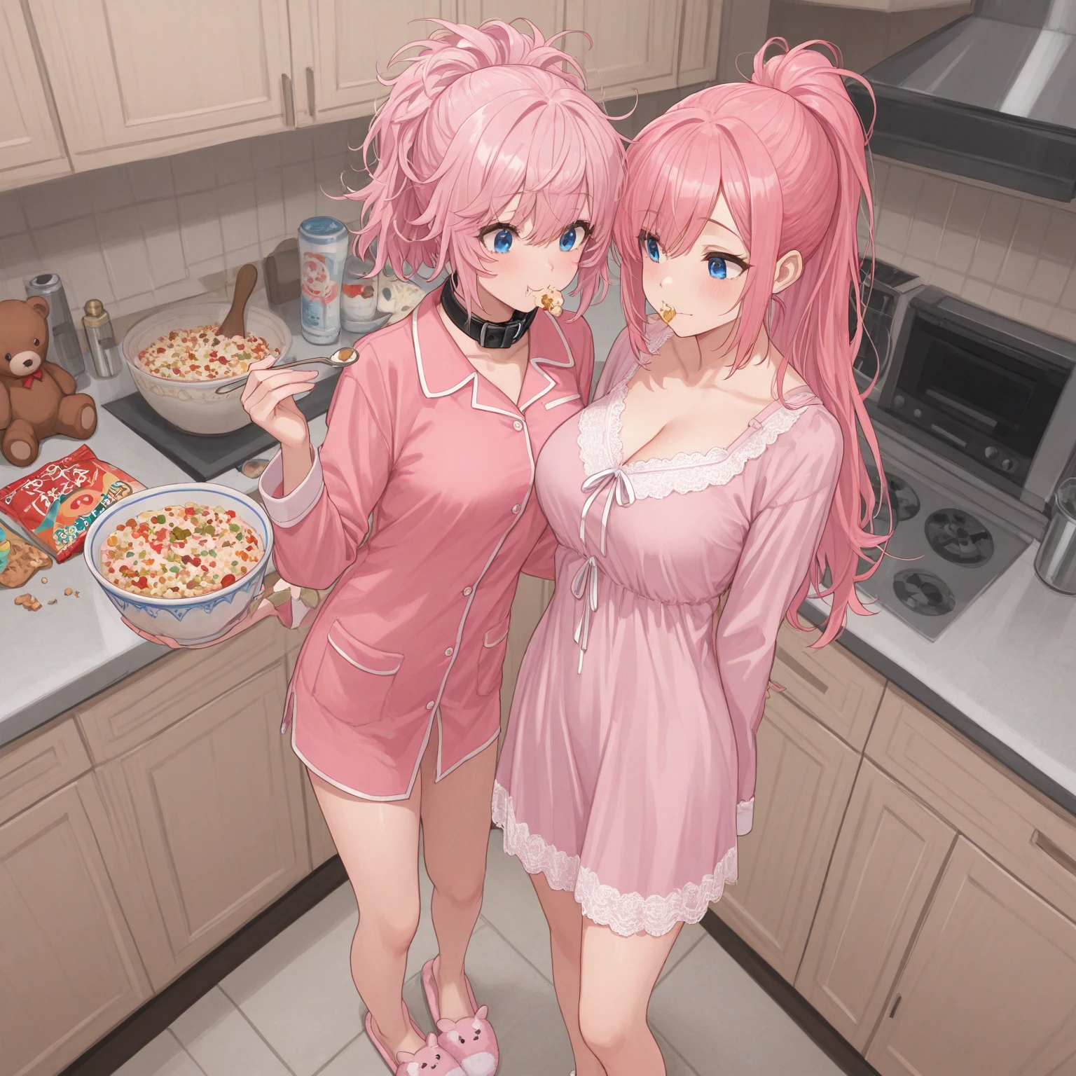 ((2 girls), solo, clevage, Big round breasts, trendy, stylish, clevage, thighs, hips, realistic, pink hair, blonde hair, light green eyes, lip gloss, detailed face, amazing big eyes, eye details, big lips, eyebrow details, blush, naughty, mischevious face, HD, good quality, kitchen, baking cookies, chocolate chip cookies, messy flour