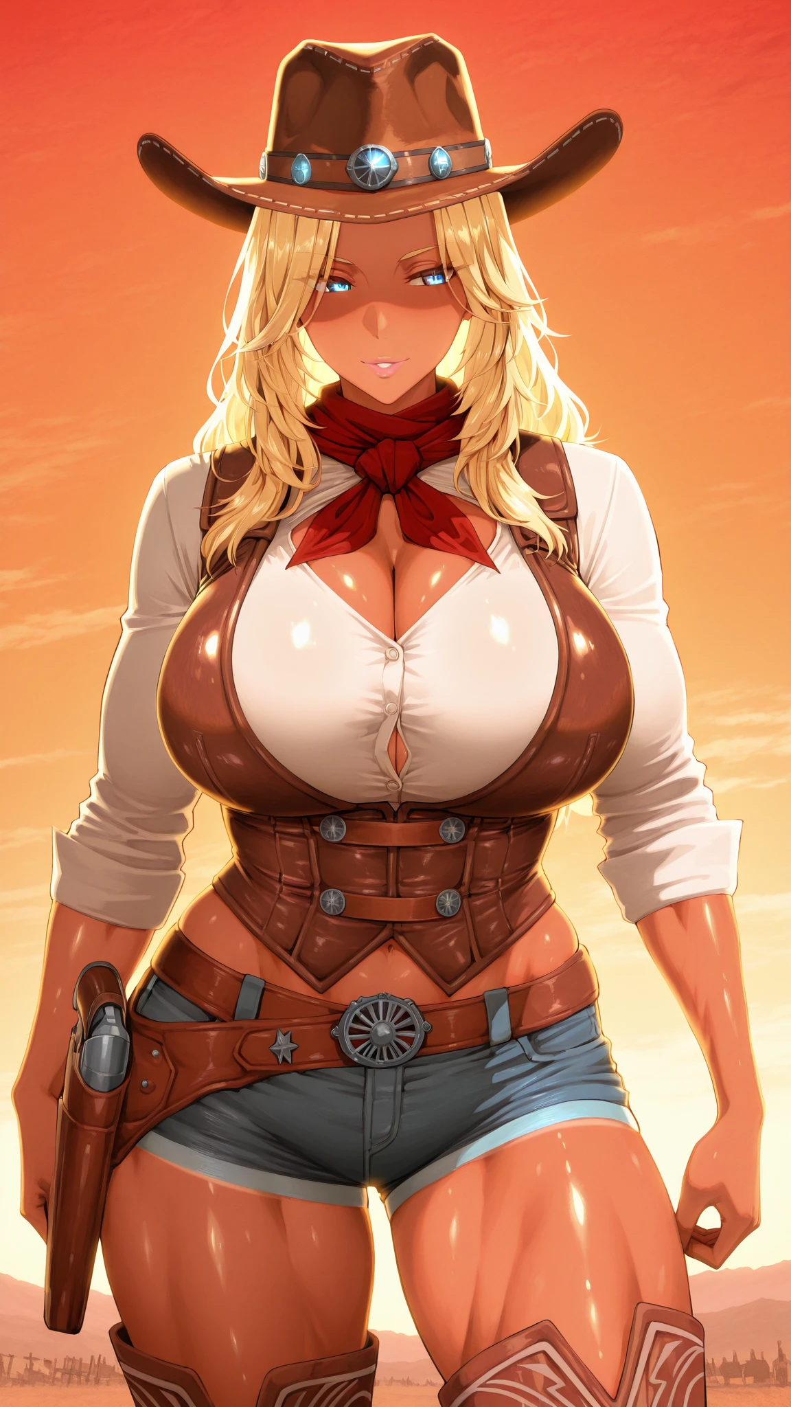 ((view from above:1.1)), ((masterpiece)),(((best quality))),((character design sheet:1.4)), ((full body view)) ((mid western cowgirl)) (((cowboy outfit:1.3))), mature face, defined cheekbones, high cheekbones, illustration, white girl, ((braids:1.2)), muscular, ((buckskin:1.4)), ((cowboy hat)), ((assless chaps)), holding revolvers, , ((holster:1.1)) bimbo, (gigantic breasts:1.7) blonde hair, ((detailed face:1.4)) beautiful woman, (chaps:1.4) (white top:1.3) , shiny skin, ((cleavage, skindentation:1.5)), scribbles and marks,(puffy lips:1.4) , rough sketches, pose, 8k,16k, ((desert sandy background:1.5)) beige color palette, khaki legs, white arms, white face