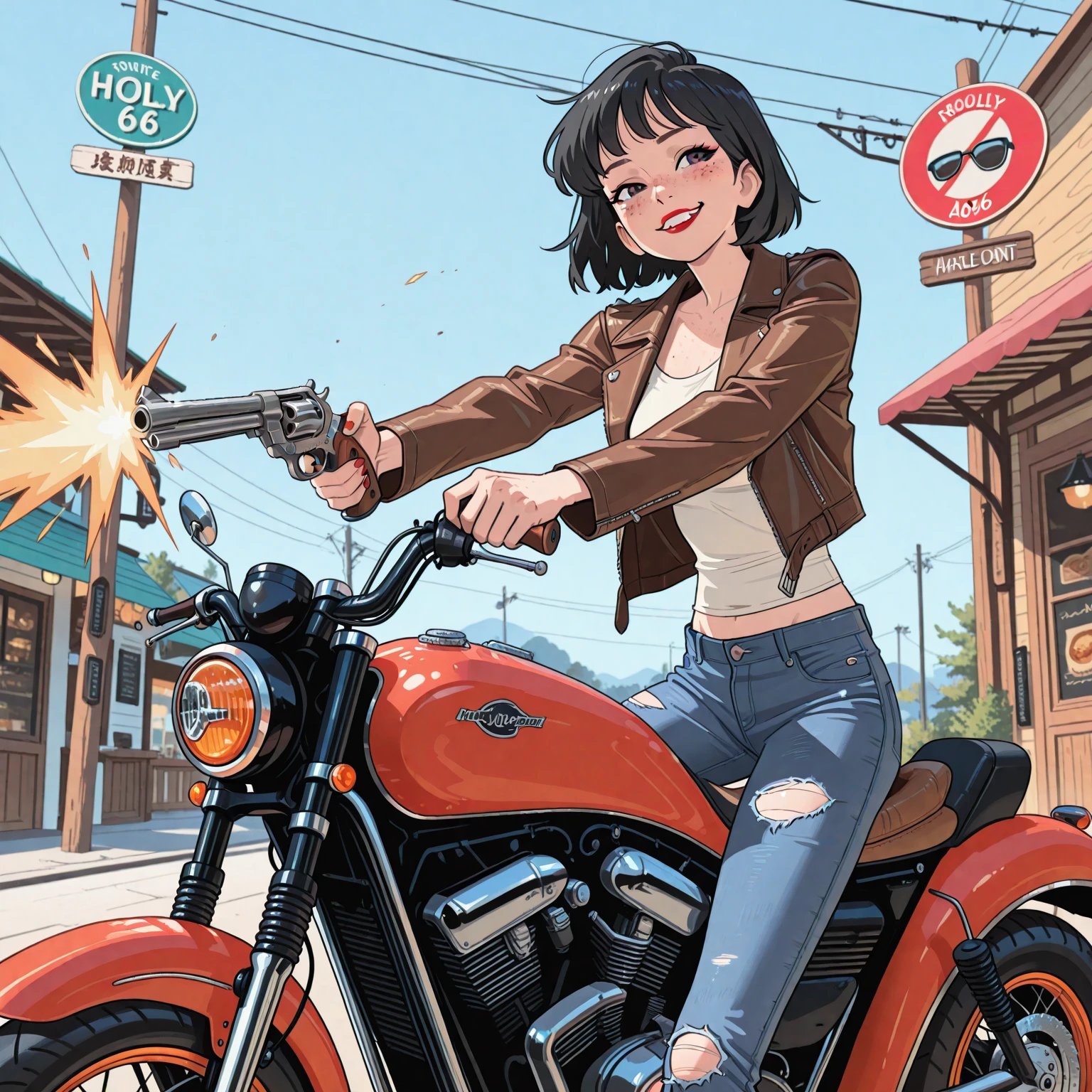 female, short messy black hair, aviator sunglasses, cigarette in mouth, black leather jacket, worn jeans, leather boots, riding large chopper motorcycle, desert landscape, sun above, bike gang, close up, large breasts