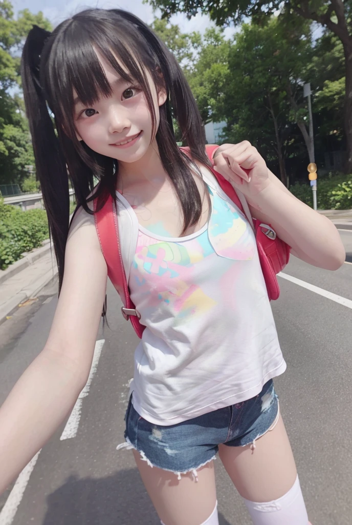 Browsing Caution, ((masterpiece)), ((Highest quality)), (Very detailed), ((very young face)), ((Cute Smile:1.3)), (1. woman:1.3), ponytail、Round eyes、Small Nose、round face, Realistic, Rear View, (Low - Angle:1.2), alone, (Tight T-shirt), (Too short mini skirt), ((Beautiful thighs:1.3)),Bare arms, Side view, Cheerful pose,
