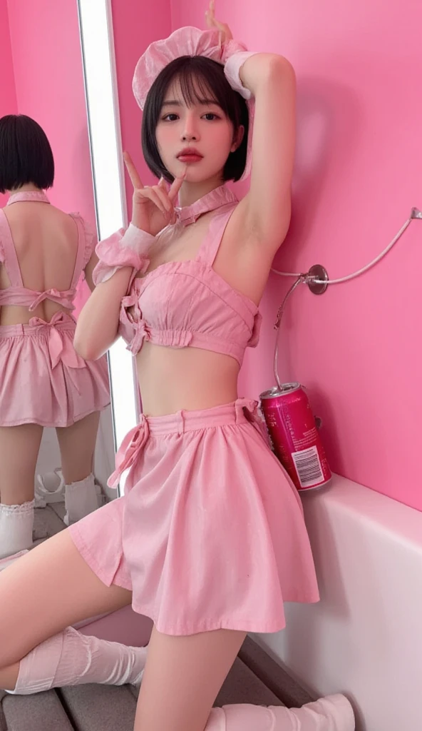 ((Best Quality)), ((masterpiece)), (detailed), perfect face, Full length man wearing a pink skirt and also a pink and black lined thigh high sock kneeling on the floor with his eyes blank and his hands away from his mouth and his mouth open., Face covered in cum while sucking cock through a glory hole in a bathroom.